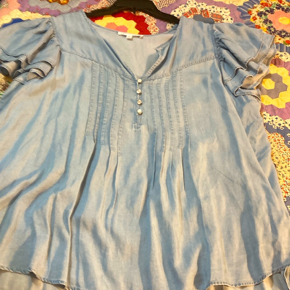 Women's Light Blue Ruffle Sleeve Top